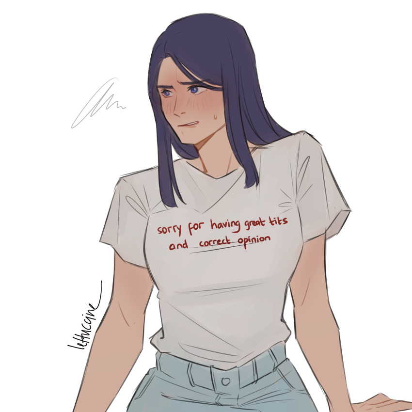 1girl, alternate_costume, artist_name, bangs, black_hair, blush, breasts, caitlyn_(league_of_legends), cowboy_shot, english_text, gradient, gradient_background, grey_background, highres, jun_(lettuccine), large_breasts, league_of_legends, long_hair, pants, parted_lips, safe, shirt, shirt_tucked_in, short_sleeves, simple_background, smile, solo, squiggle, sweat, sweatdrop, white_shirt