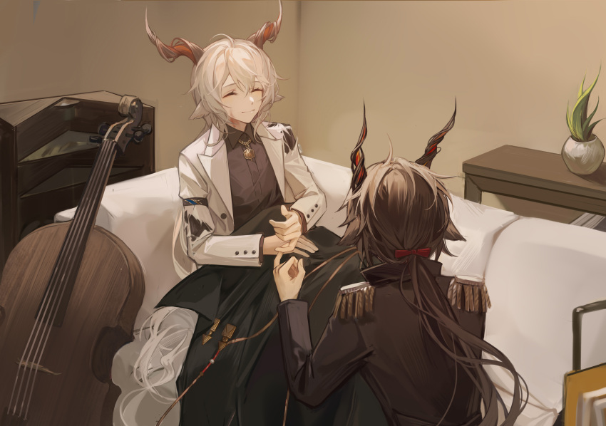 2boys, absurdres, animal_ears, arknights, bed, black_hair, black_jacket, black_shirt, blanket, cello, chinese_commentary, closed_eyes, closed_mouth, collared_shirt, commentary_request, ebenholz_(arknights), erjie474, facing_another, goat_boy, goat_ears, goat_horns, hair_between_eyes, highres, horns, indoors, instrument, jacket, jewelry, kreide_(arknights), long_hair, long_sleeves, male_focus, multiple_boys, necklace, on_bed, open_clothes, open_jacket, pinky_swear, plant, ponytail, potted_plant, safe, shirt, sitting, smile, table, torn_jacket, white_hair, white_jacket