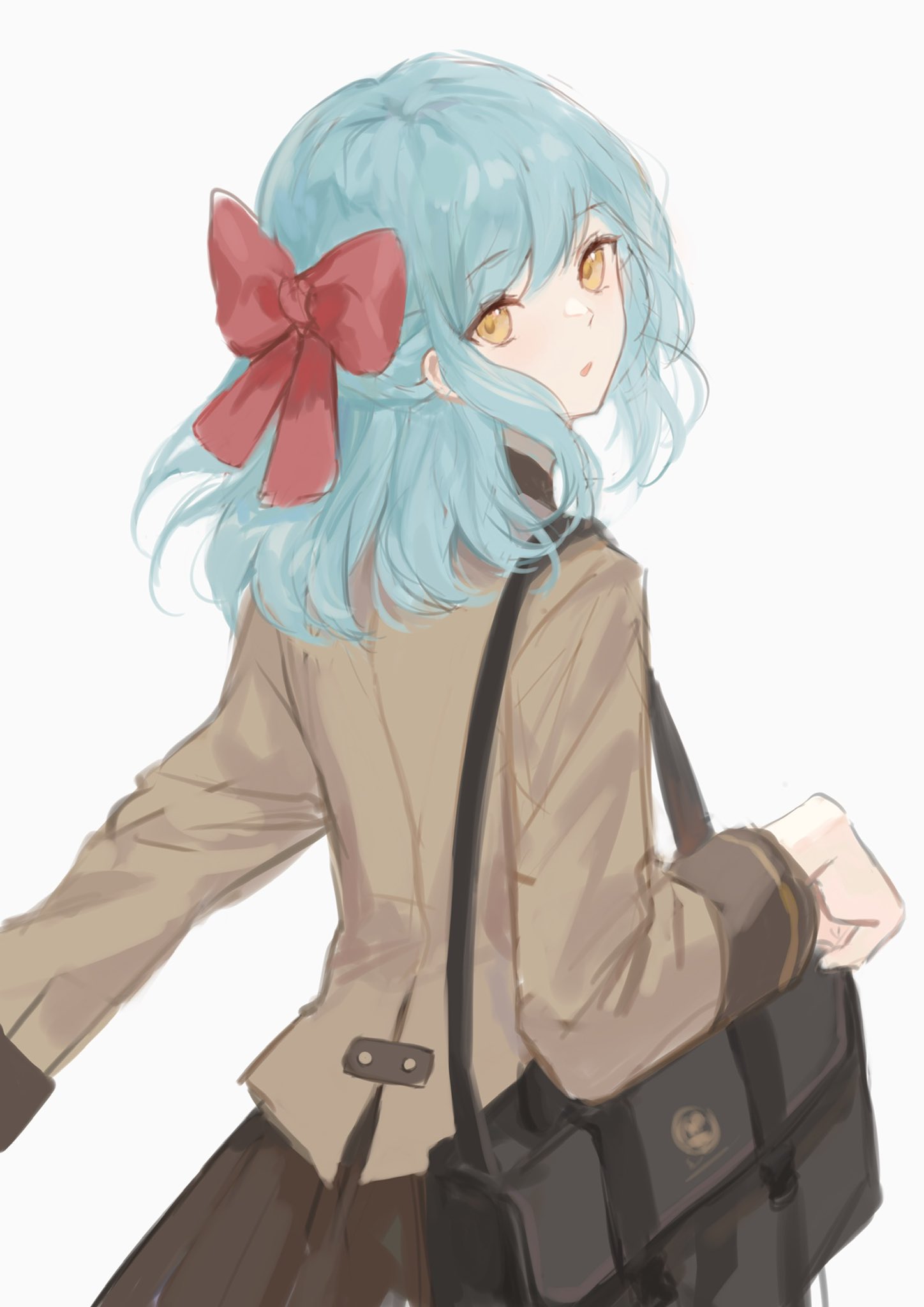 1girl, :o, bag, bangs, bow, brown_bag, brown_jacket, brown_skirt