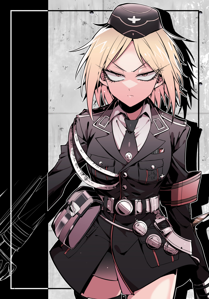 1girl, absurdres, angry, belt, blonde_hair, breasts, brown_eyes, commission, cowboy_shot, erotunabe, garrison_cap, girls_frontline, hat, highres, long_sleeves, looking_at_viewer, military, military_hat, military_uniform, mp40_(girls'_frontline), necktie, red_armband, saber_(weapon), safe, shirt, short_hair, skeb_commission, solo, sword, third-party_edit, uniform, weapon