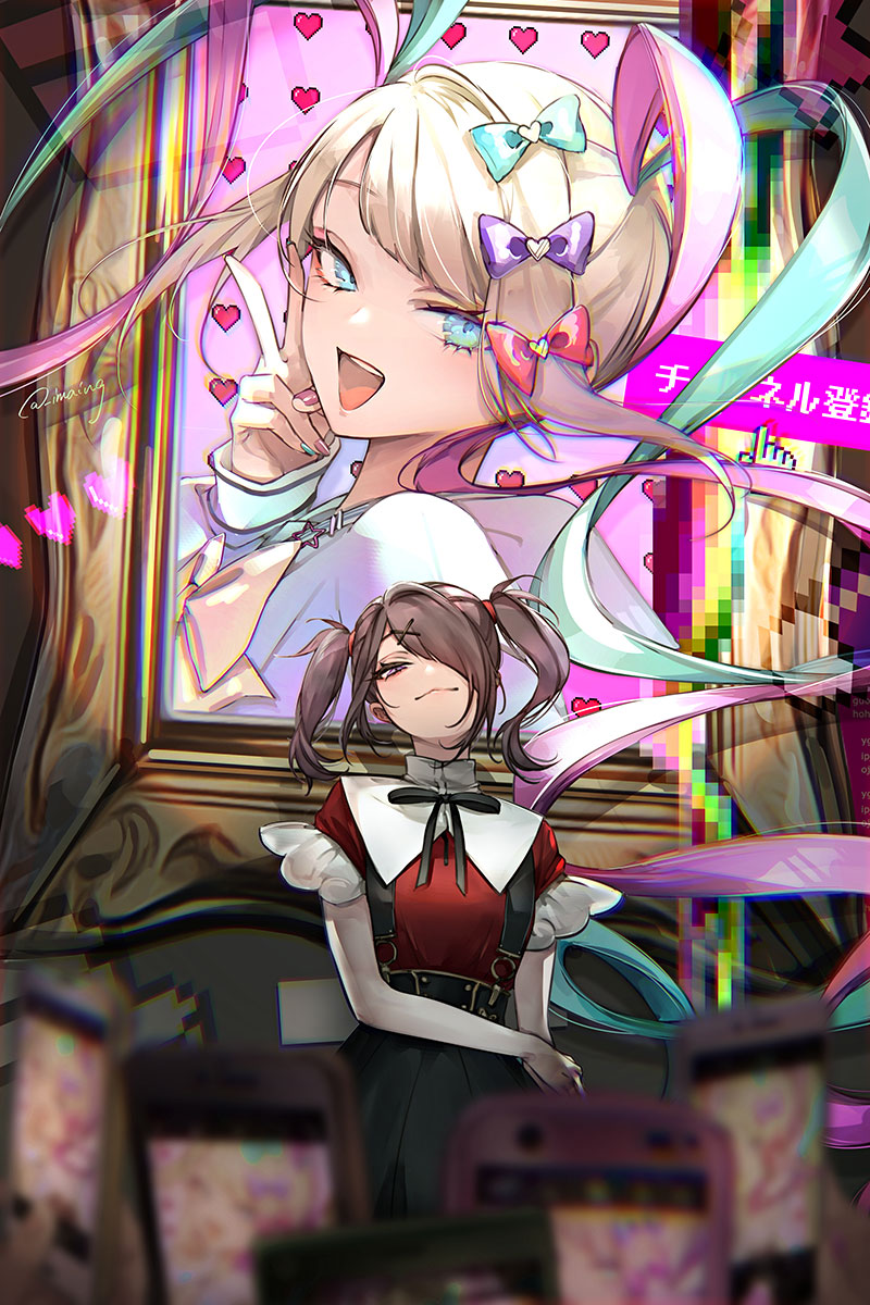ame-chan_(needy_girl_overdose), bangs, black_hair, blonde_hair, blue_eyes, blue_hair, blurry, bow, chouzetsusaikawa_tenshi-chan, depth_of_field, hair_bow, hair_ornament, hair_over_one_eye, heart, highres, holographic_clothing, long_hair, long_sleeves, looking_at_viewer, multicolored_hair, nail_polish, needy_girl_overdose, open_mouth, pink_hair, portrait_(object), quad_tails, ribbon, safe, sailor_collar, school_uniform, serafuku, shinsuke_(moccori), shirt, skirt, smile, suspender_skirt, suspenders, twintails, x_hair_ornament