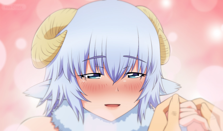1girl, animal_ears, bangs, blue_eyes, blue_hair, blush, breasts, commentary_request, holding_hands, horns, light_blue_hair, looking_at_viewer, merino_(monster_musume), monster_girl, monster_musume_no_iru_nichijou, neck_fur, nose_blush, open_mouth, pink_background, portrait, pov, safe, sheep_ears, sheep_girl, sheep_horns, short_hair, smile, solo_focus, von-cx