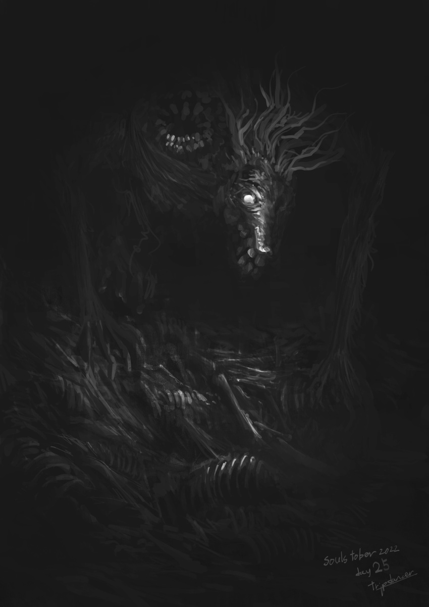 bloodborne, glowing, glowing_eye, highres, long_hair, looking_at_viewer, ludwig_the_accursed, monochrome