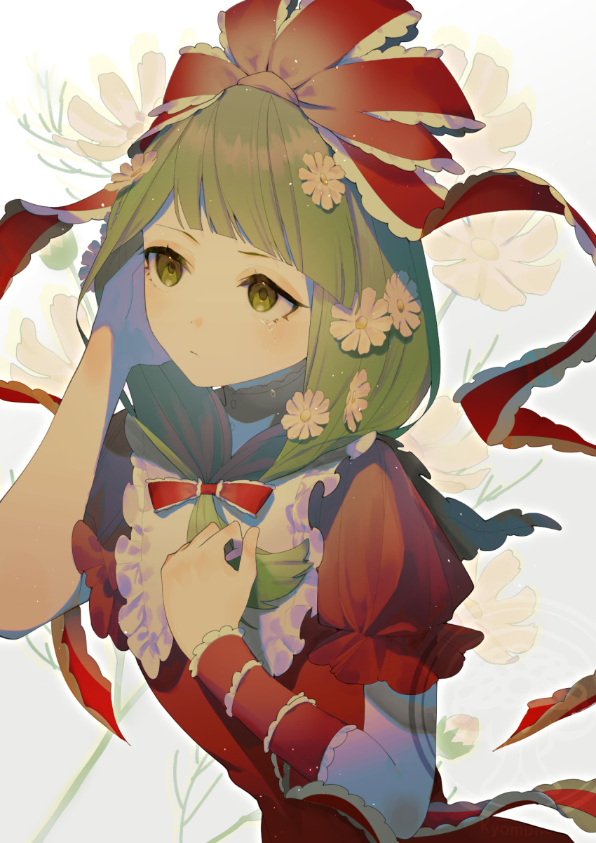 1girl, bow, closed_mouth, dress, flower, frilled_bow, frilled_ribbon, frills, front_ponytail, green_eyes, green_hair, hair_bow, hair_flower, hair_ornament, hair_ribbon, highres, kagiyama_hina, kyomunohi, long_hair, pink_flower, red_bow, red_dress, red_ribbon, ribbon, safe, short_sleeves, solo, touhou, upper_body