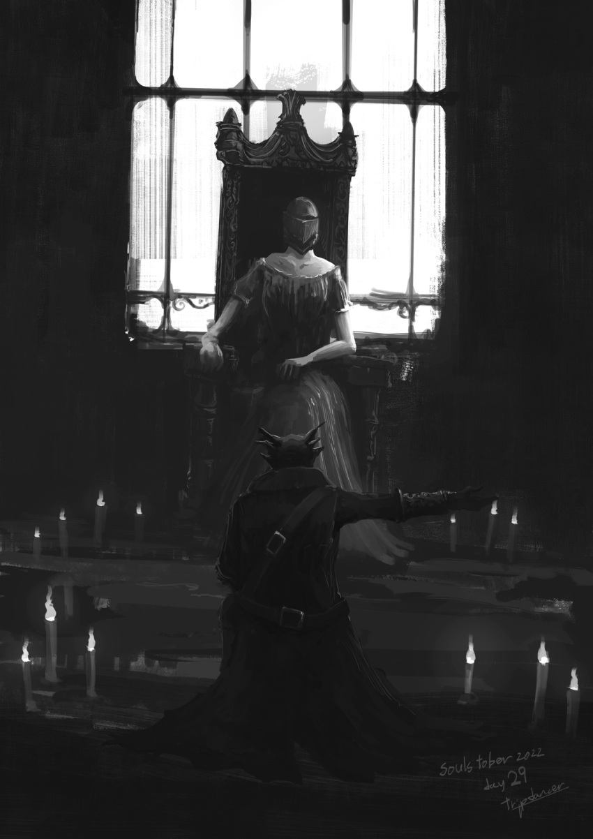 1boy, 1girl, annalise_queen_of_the_vilebloods, bloodborne, candle, collarbone, dress, facing_another, gloves, greyscale, hat, helm, helmet, highres, hunter_(bloodborne), indoors, kneeling, monochrome, safe, short_sleeves, sitting, throne, tricorne, tripdancer, window