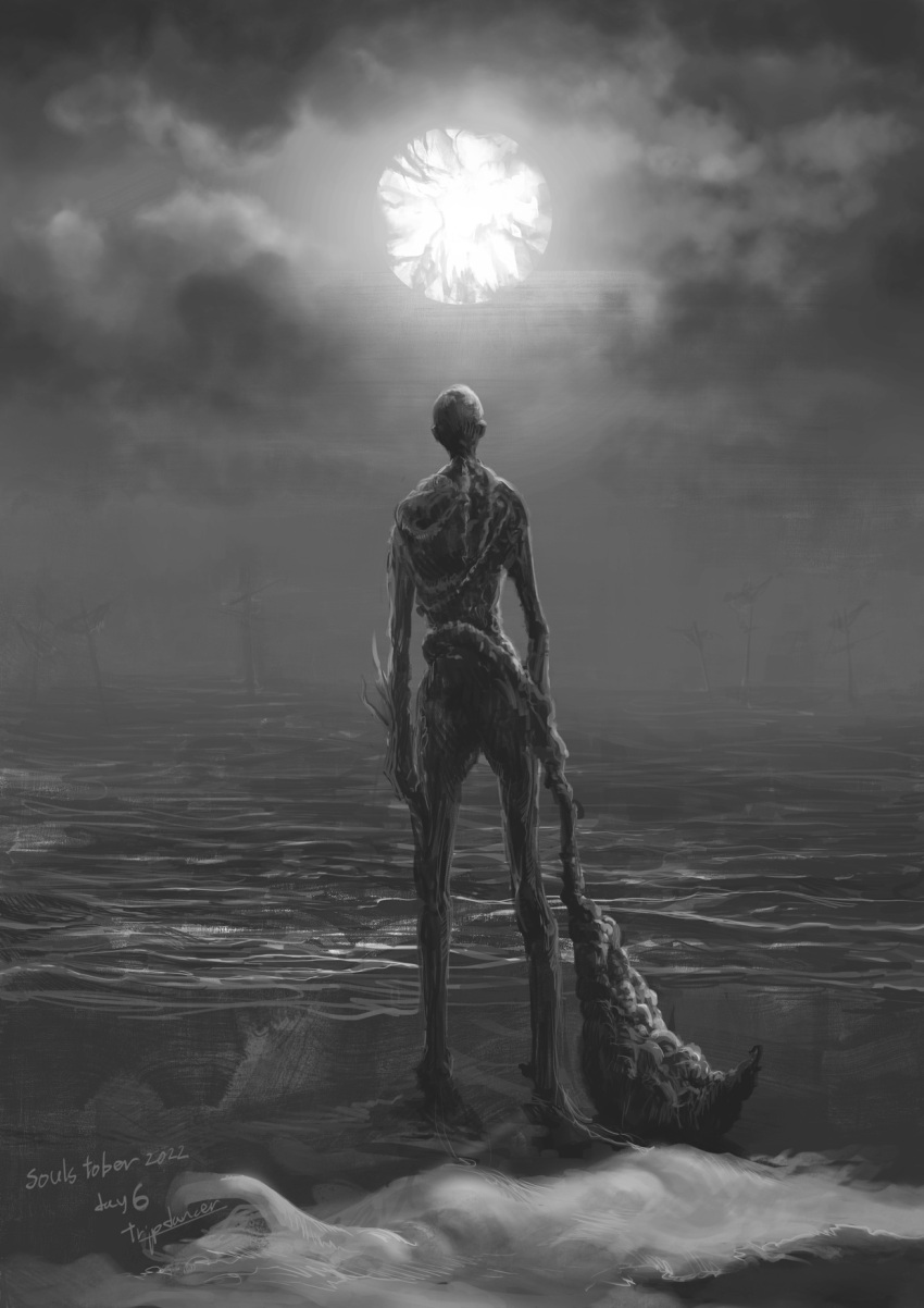 1boy, arms_at_sides, artist_name, bald, bloodborne, cloud, clouds, commentary_request