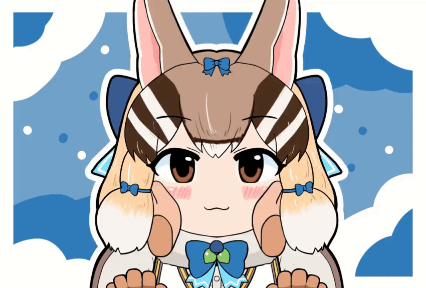 1girl, animal_costume, animal_ear_fluff, animal_ears, animated, blush, bow, bowtie, brown_eyes, brown_hair, cardigan, gloves, kemono_friends, kemono_friends_v_project, long_hair, looking_at_viewer, microphone, mujinamori_tamakichi, multicolored_hair, ribbon, shirt, siberian_chipmunk_(kemono_friends), simple_background, solo, video, virtual_youtuber, white_hair