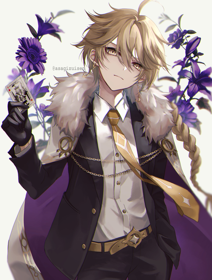 1boy, aether_(genshin_impact), ahoge, alternate_costume, artist_name, asagizuisen, bangs, belt