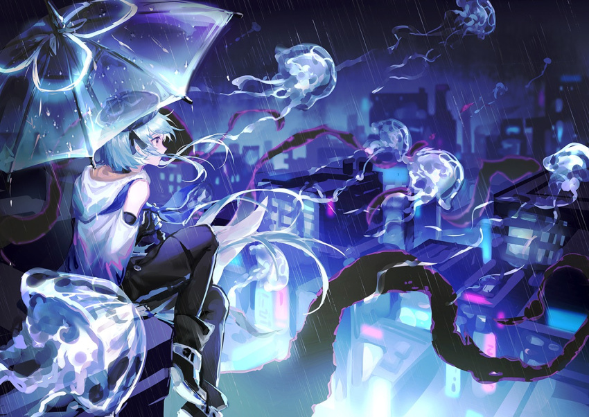 1boy, arknights, beret, black_footwear, black_gloves, black_pantyhose, black_shorts, blue_hair, blue_headwear, building, chinese_commentary, cityscape, commentary, full_body, gloves, hat, holding, holding_umbrella, hood, hood_down, hooded_jacket, jacket, jellyfish, looking_afar, male_focus, medium_hair, mizuki_(arknights), mosi_l, on_roof, pantyhose, pink_eyes, rain, safe, shorts, sidelocks, sitting, skyscraper, solo, tentacles, transparent, transparent_umbrella, umbrella, white_jacket
