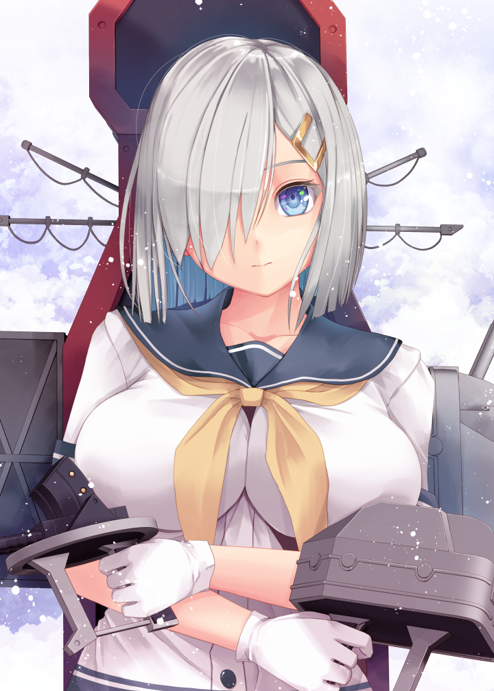 1girl, adapted_turret, blue_eyes, breasts, gloves, grey_hair, hair_ornament, hair_over_one_eye, hairclip, hamakaze_(kancolle), hamakaze_(kantai_collection), kantai_collection, kirishima_satoshi, large_breasts, neckerchief, rigging, safe, school_uniform, serafuku, short_hair, short_sleeves, silver_hair, solo, upper_body, white_gloves, yellow_neckerchief