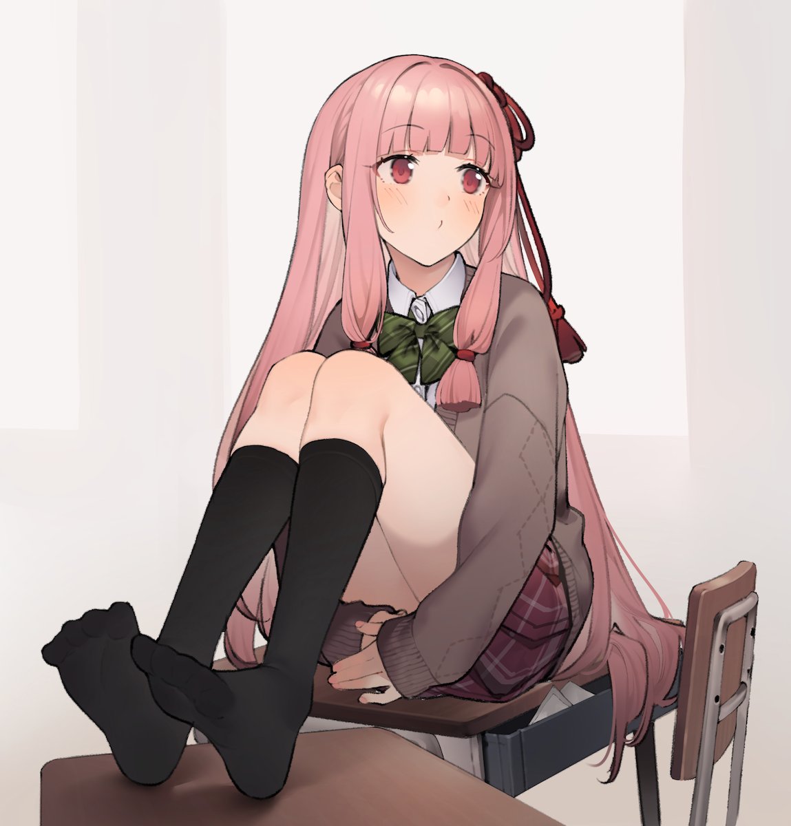 1girl, bangs, black_legwear, black_socks, blazer, blunt_bangs, blush, bow