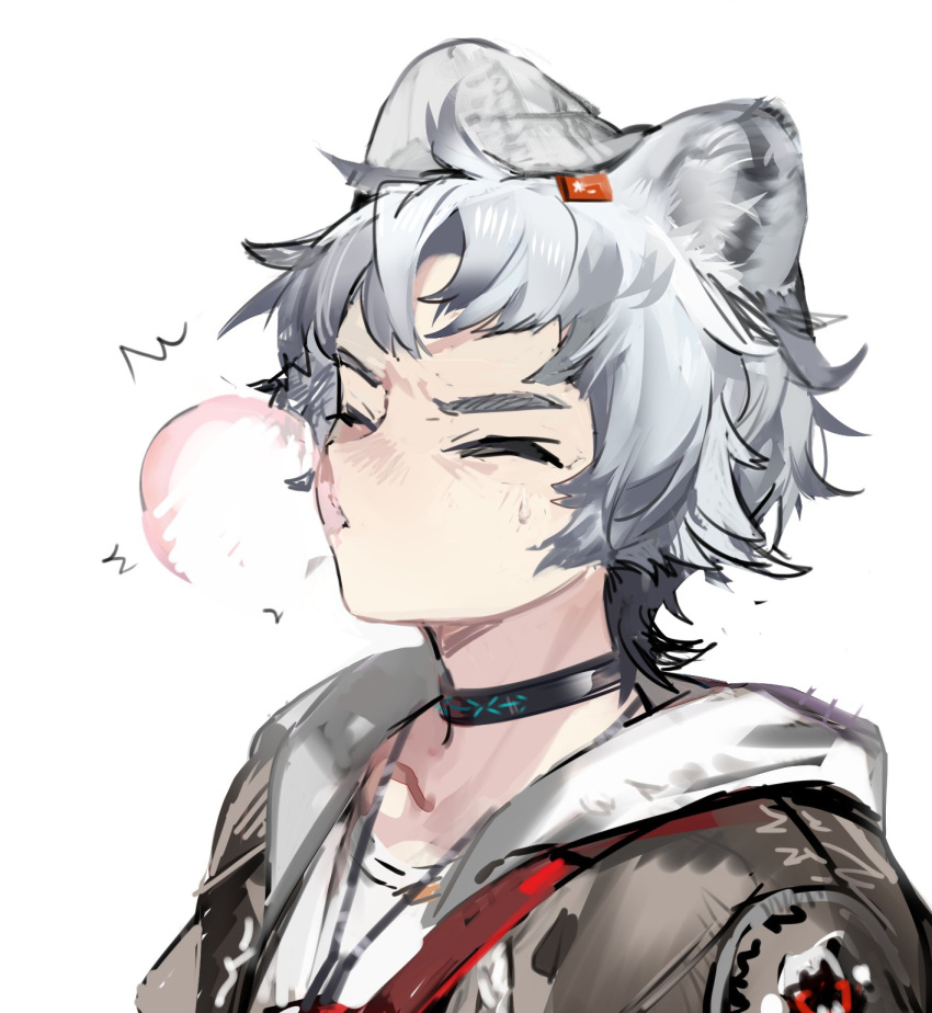 1boy, animal_ears, arknights, bag, bear_boy, bear_ears, bishounen, blush, chewing_gum, choker, close-up, closed_eyes, gradient, gradient_background, grey_hair, highres, hood, infection_monitor_(arknights), jacket, male_focus, qanipalaat_(arknights), safe, short_hair, simple_background, solo, upper_body, white_background, yyb