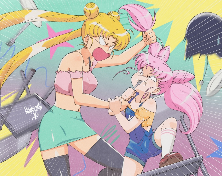 2022, 2girls, absurdres, angry, bishoujo_senshi_sailor_moon, blonde_hair, blue_eyes, bra_strap
