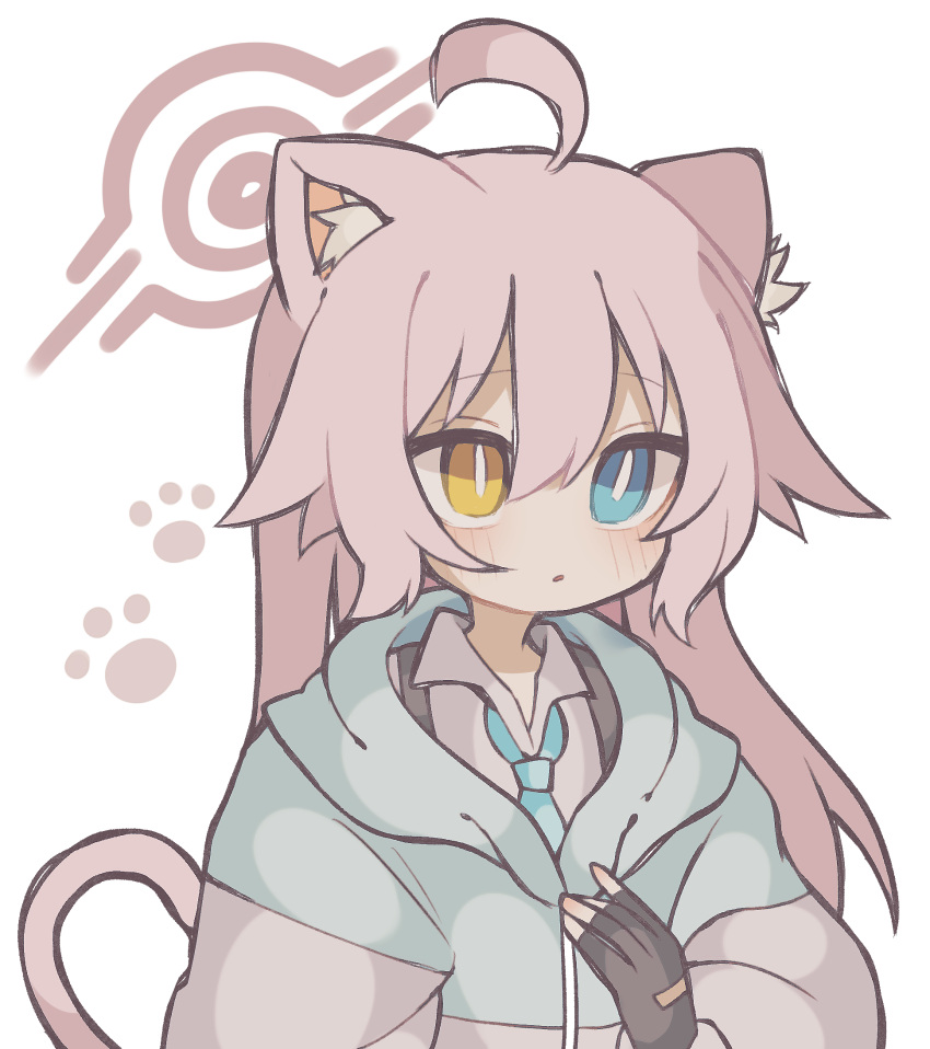 1girl, :o, ahoge, animal_ear_fluff, animal_ears, bangs, blue_archive, blue_eyes, blue_jacket, blue_necktie, blush, cat_ears, cat_girl, cat_tail, codename_jaroa, collared_shirt, commentary_request, eyebrows_visible_through_hair, hair_between_eyes, halo, heterochromia, highres, hood, hood_down, hooded_jacket, hoshino_(blue_archive), jacket, kemonomimi_mode, long_hair, looking_away, necktie, parted_lips, pink_hair, safe, shirt, simple_background, solo, suspenders, tail, upper_body, very_long_hair, white_background, white_shirt, yellow_eyes