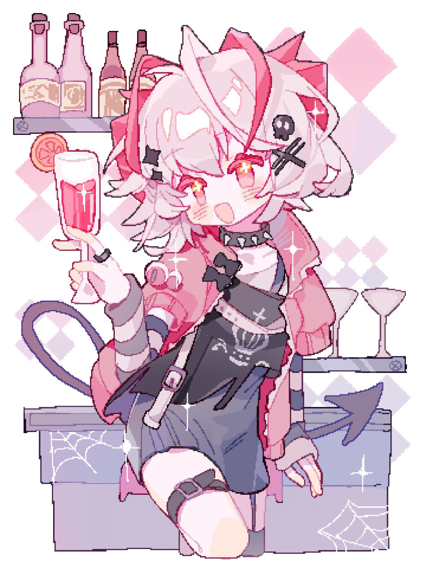 1girl, :d, arknights, blush_stickers, bottle, cocktail_glass, cup, drinking_glass