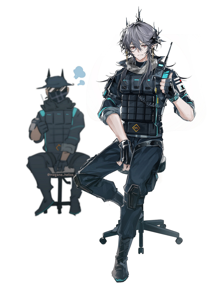 2boys, absurdres, arknights, black_gloves, boots, fingerless_gloves, full_body, gloves