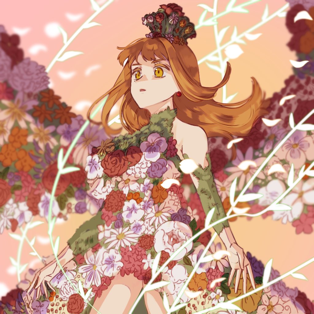 1girl, black_clover, blurry, brown_hair, depth_of_field, earrings, flower, flower_dress