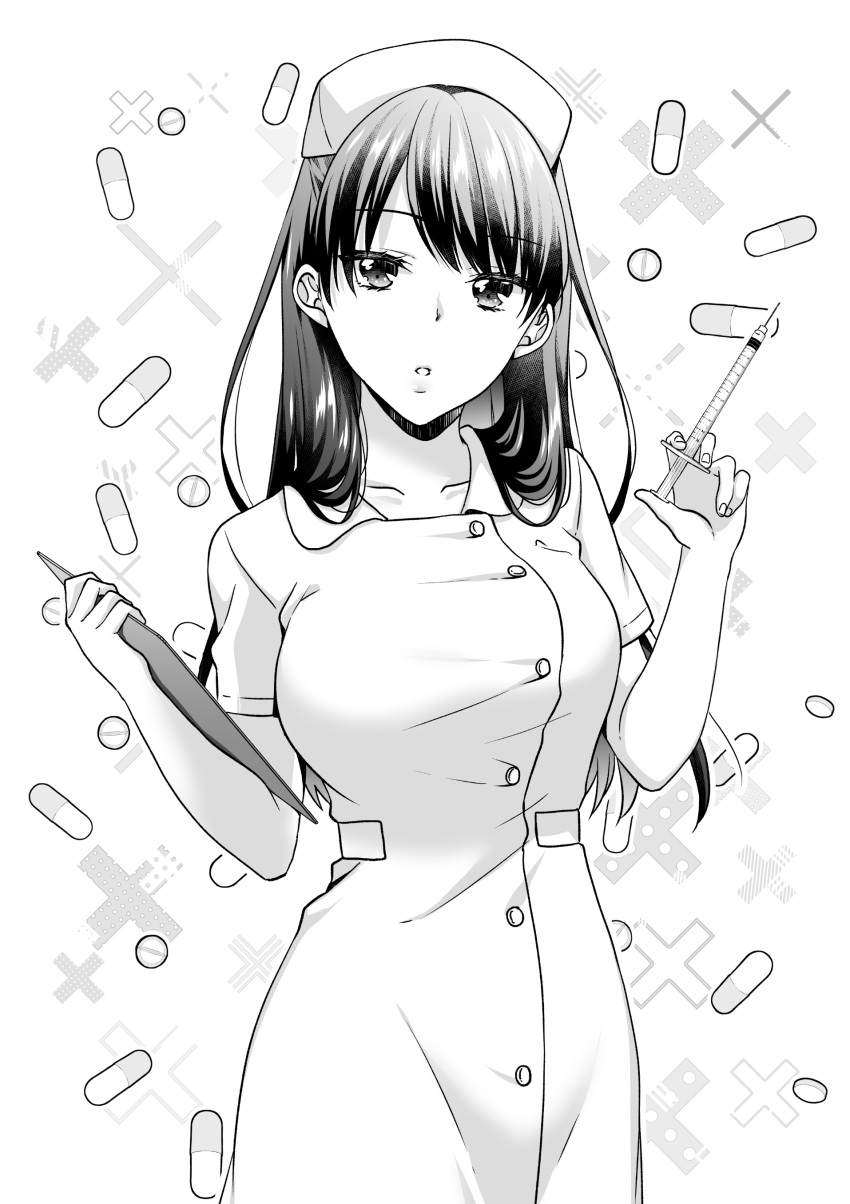 1girl, :o, absurdres, bangs, breasts, clipboard, dress, greyscale
