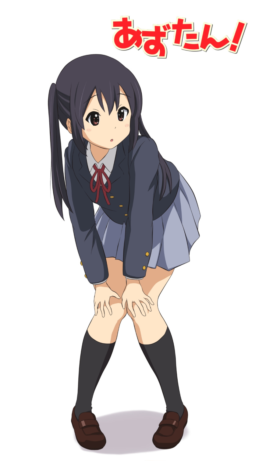 1girl, bangs, black_hair, black_socks, blazer, blue_jacket, brown_eyes, brown_footwear