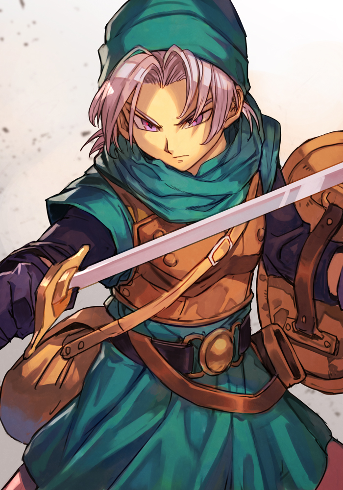 1boy, armor, bag, belt, black_gloves, closed_mouth, dragon_quest, dragon_quest_vi, dress, gloves, green_dress, green_headwear, hankuri, hat, holding, holding_shield, holding_sword, holding_weapon, looking_at_viewer, male_focus, purple_hair, safe, shield, short_hair, shoulder_bag, simple_background, solo, sword, terry_(dq6), v-shaped_eyebrows, violet_eyes, weapon, white_background