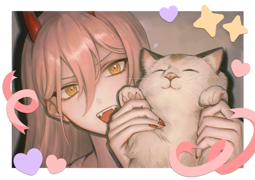1girl, animal, border, cat, chainsaw_man, closed_eyes, cross-shaped_pupils, fangs