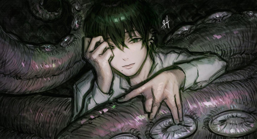 black_hair, chainsaw_man, earrings, green_eyes, hand_over_face, jacket, jewelry, kgynh