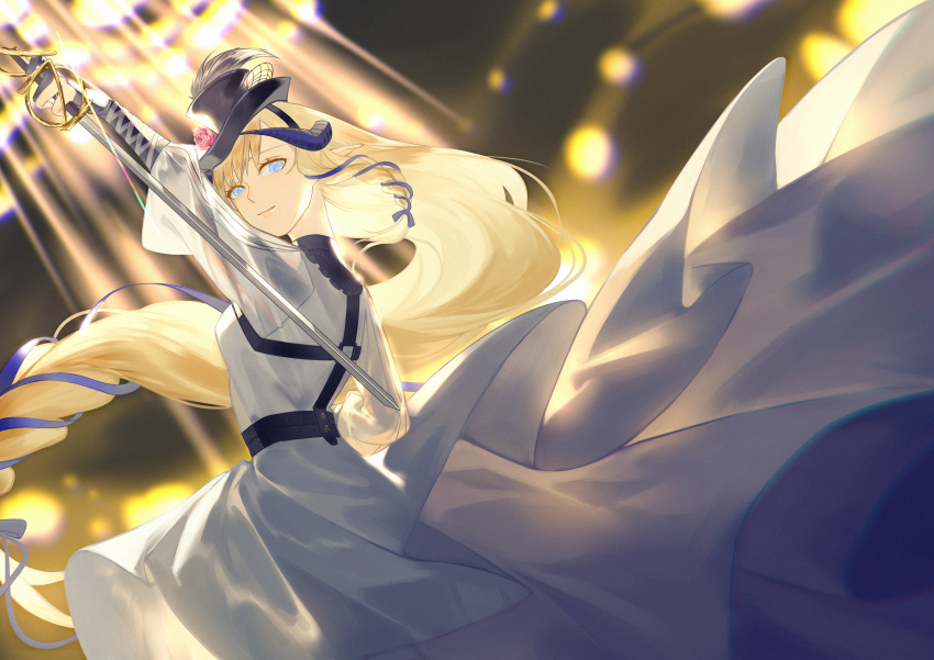 1girl, absurdres, ambience_synesthesia, aqua_ribbon, arknights, black_headwear, blonde_hair, blue_eyes