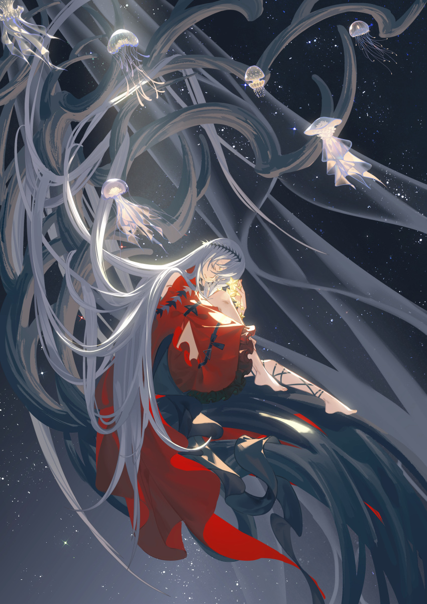 1girl, absurdly_long_hair, absurdres, arknights, barefoot, black_ribbon, closed_eyes, closed_mouth