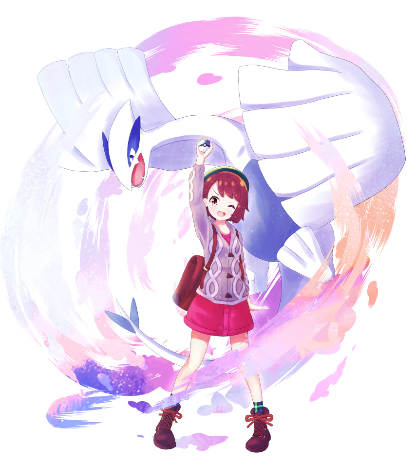 1girl, ;d, absurdres, arm_up, backpack, bag, bob_cut, boots
