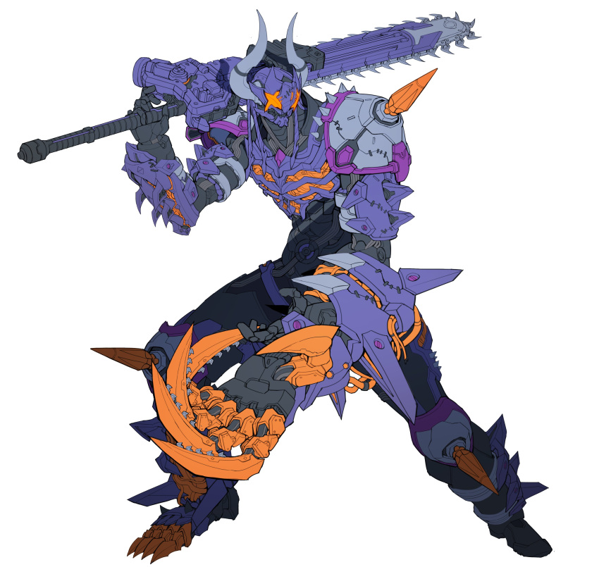 1boy, absurdres, black_bodysuit, black_footwear, black_gloves, bodysuit, boots, buffalo, bull, catball1994, chainsaw, claw_(weapon), cowboy_shot, gloves, gradient, gradient_background, highres, horns, imminent_hit, kamen_rider, kamen_rider_buffa, kamen_rider_geats_(series), knee_spikes, long_hair, male_focus, mechanical_hands, mechanical_parts, multicolored_hair, purple_hair, purple_scarf, redesign, safe, scarf, shoulder_spikes, single_mechanical_hand, solo, spikes, stylistic, sword, tokusatsu, weapon, white_background, zombie_breaker, zombie_buckle