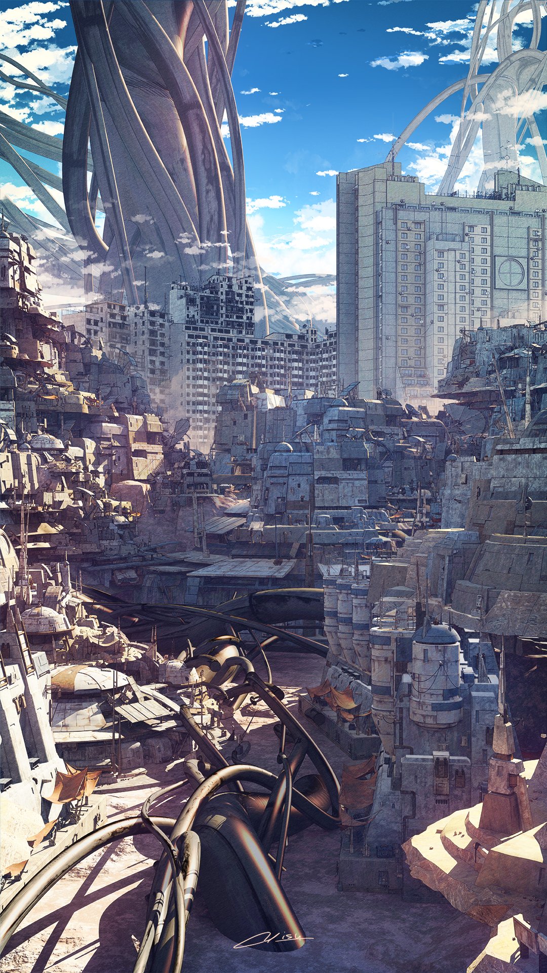 building, cable, city, clouds, day, highres, no_humans, original