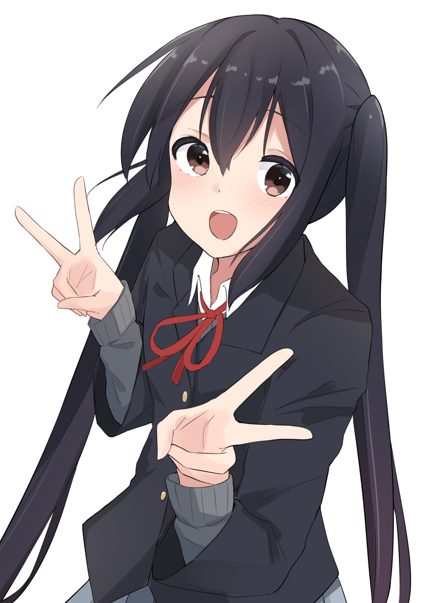 1girl, :d, bangs, black_hair, black_jacket, blazer, blush, brown_eyes