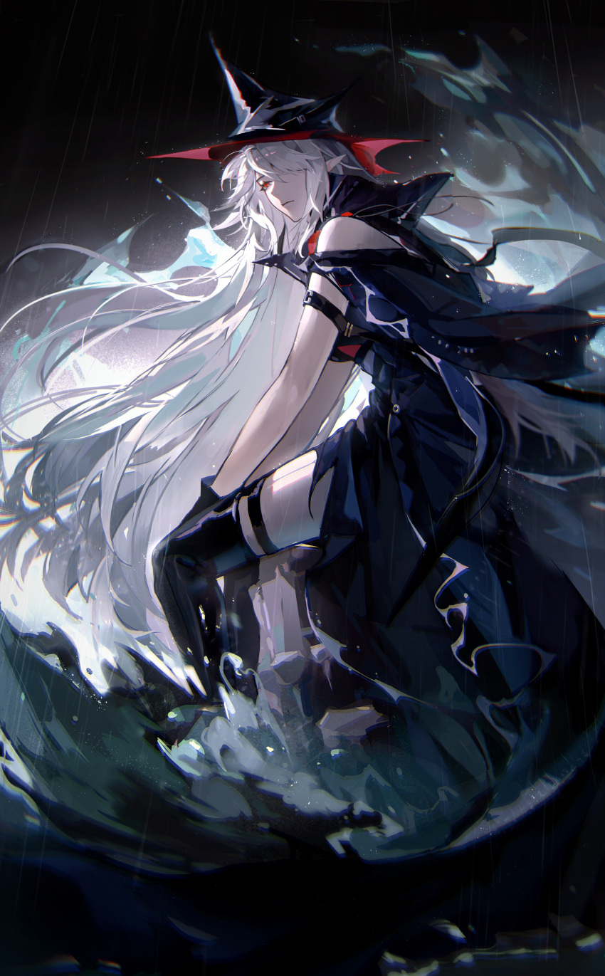 1girl, absurdres, arknights, black_dress, black_gloves, black_headwear, black_thighhighs, chinese_commentary