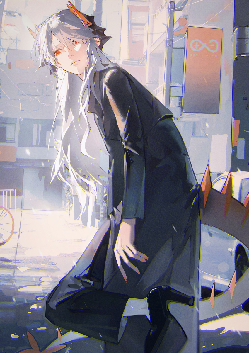 1girl, absurdres, alternate_costume, arknights, black_footwear, black_jacket, black_pants, building
