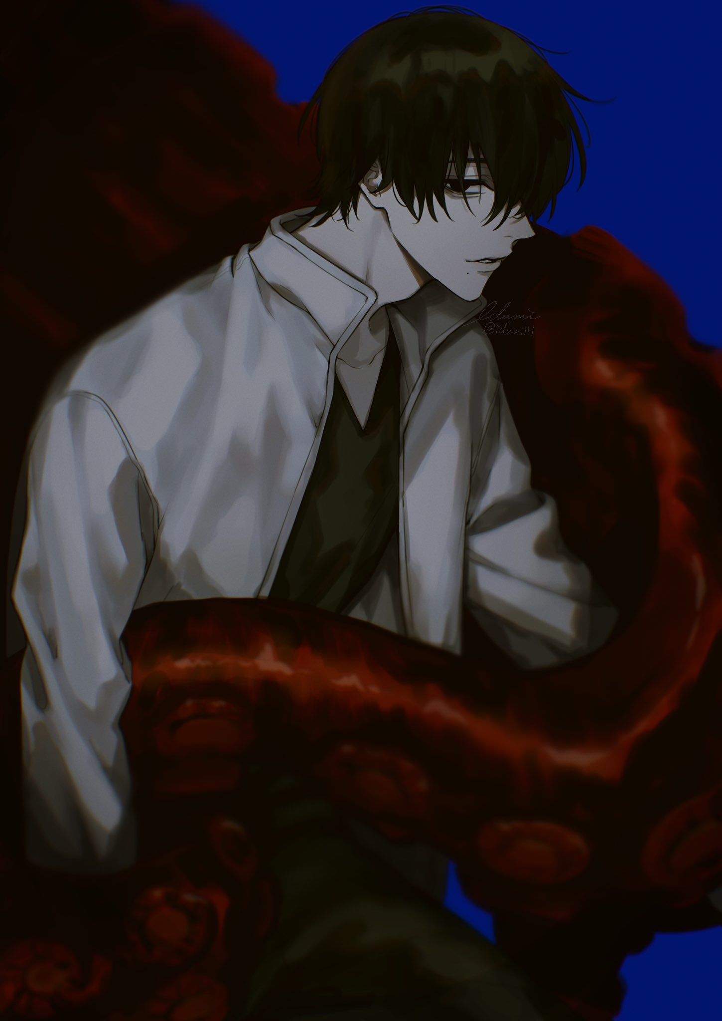 1boy, bangs, black_hair, black_pants, black_shirt, blue_background, chainsaw_man, hair_over_eyes