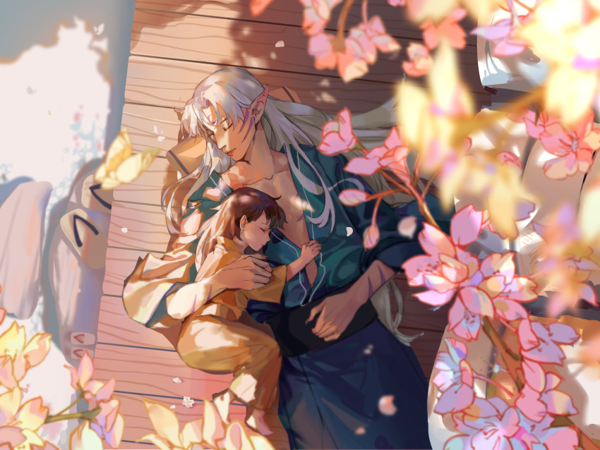 1boy, 1girl, absurdres, black_hair, blurry, blurry_foreground, cherry_blossoms, closed_eyes