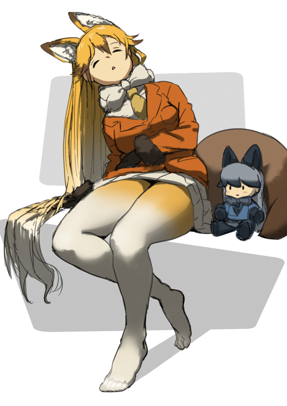 2girls, animal_ears, blonde_hair, bow, bowtie, brown_fur, brown_gloves, brown_hair