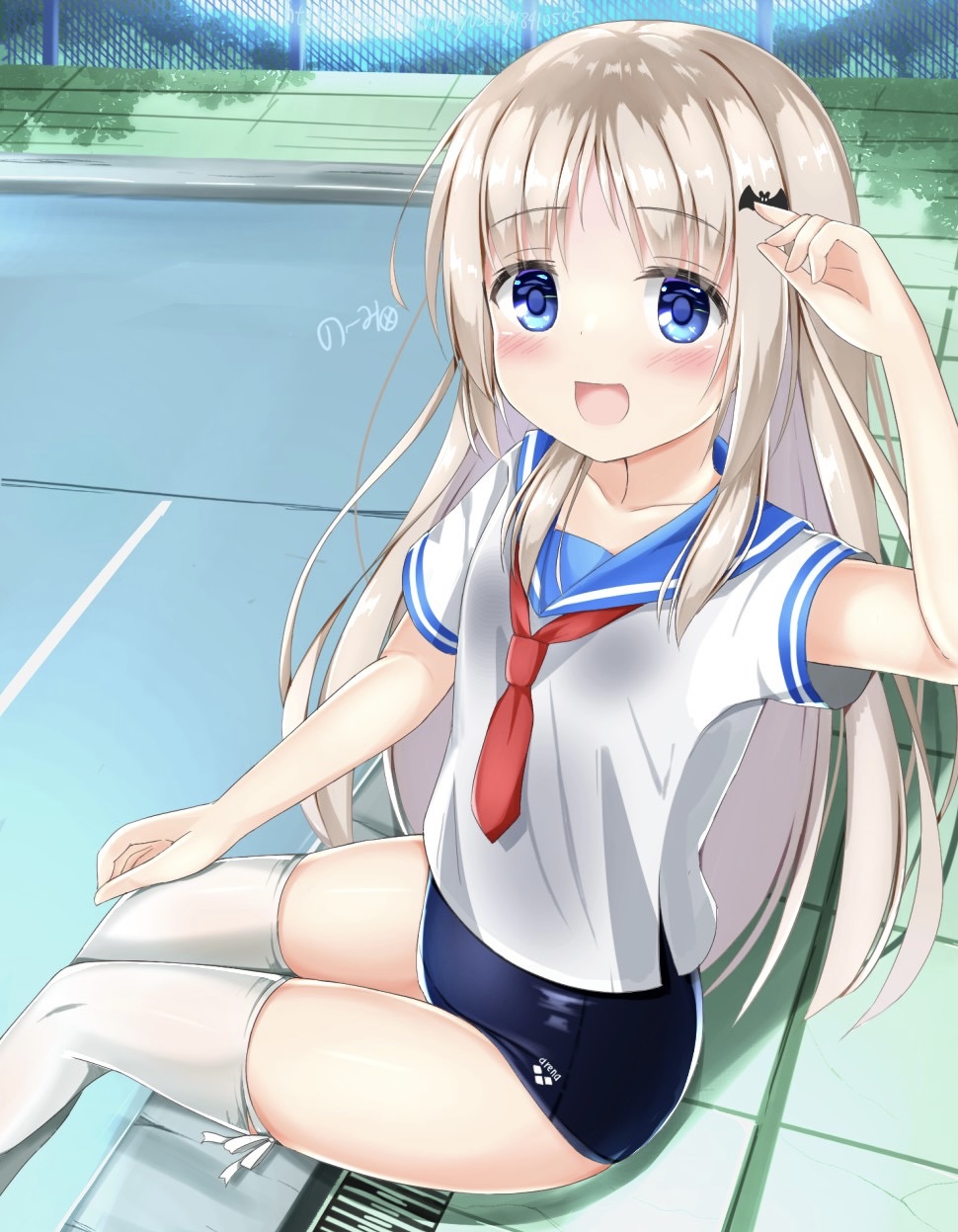 1girl, arm_up, bat_hair_ornament, blue_eyes, blue_one-piece_swimsuit, blush, brown_hair, chain-link_fence, eyebrows_visible_through_hair, fence, from_side, hair_ornament, hairclip, highres, kud_wafter, kudpoid_(71139), little_busters!, long_hair, looking_at_viewer, no_pants, noumi_kudryavka, old_school_swimsuit, one-piece_swimsuit, open_mouth, outdoors, pool, poolside, safe, school_swimsuit, school_uniform, see-through, serafuku, shirt, short_sleeves, sitting, smile, solo, swimsuit, swimsuit_under_clothes, thigh-highs, thighhighs, thighs, wet, wet_clothes, wet_shirt, white_legwear, white_shirt, white_thighhighs