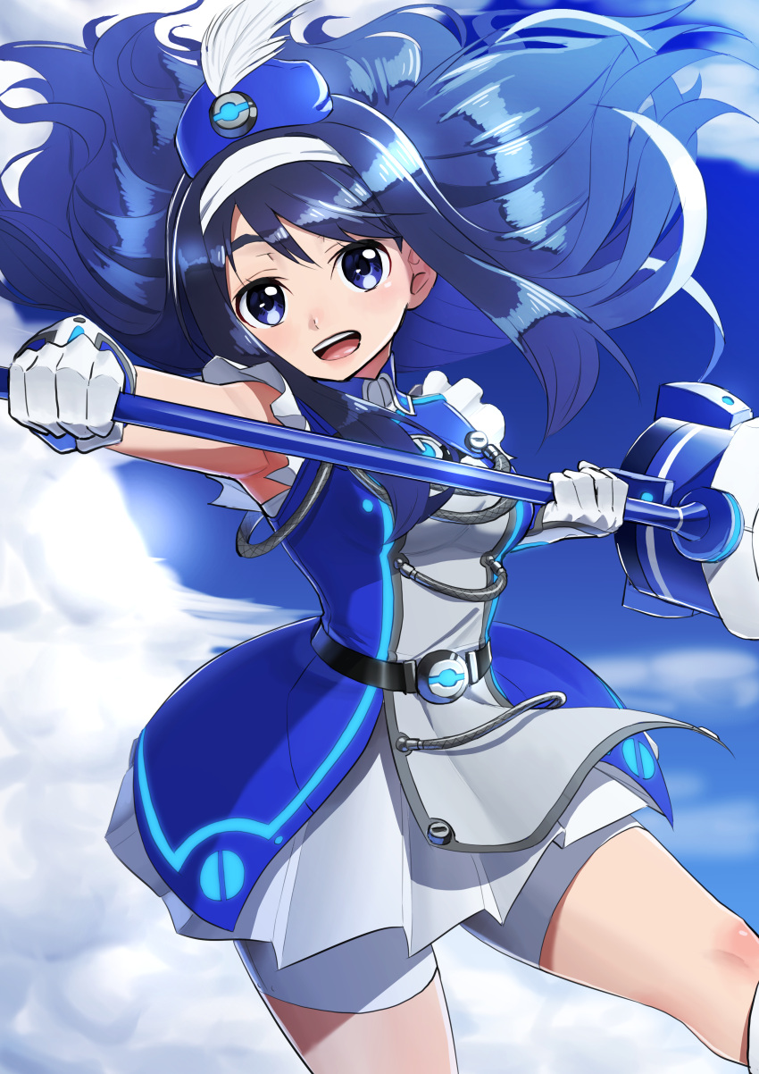1girl, absurdres, bike_shorts, blue_eyes, blue_hair, blue_headwear, commentary_request, cowboy_shot