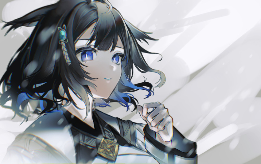1girl, apricot_(nemuriyanagi), arknights, black_hair, blue_eyes, blue_lips, bright_pupils, colored_inner_hair