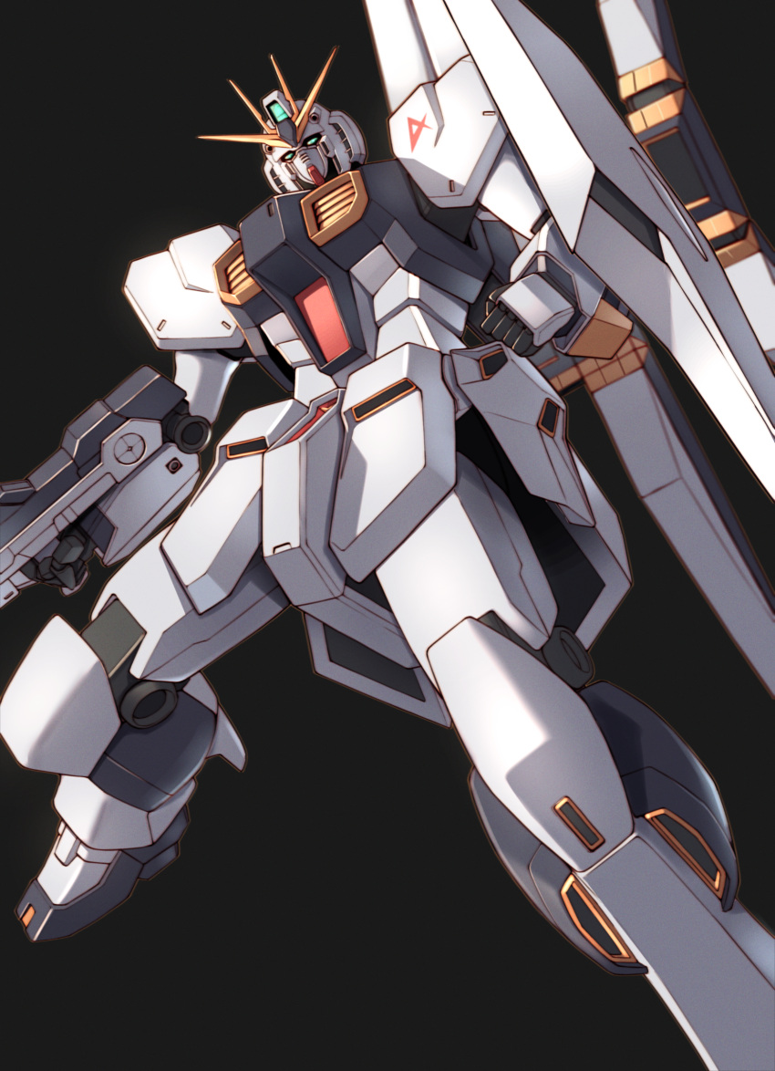 absurdres, beam_rifle, black_background, char's_counterattack, clenched_hand, energy_gun, fin_funnels, foot_out_of_frame