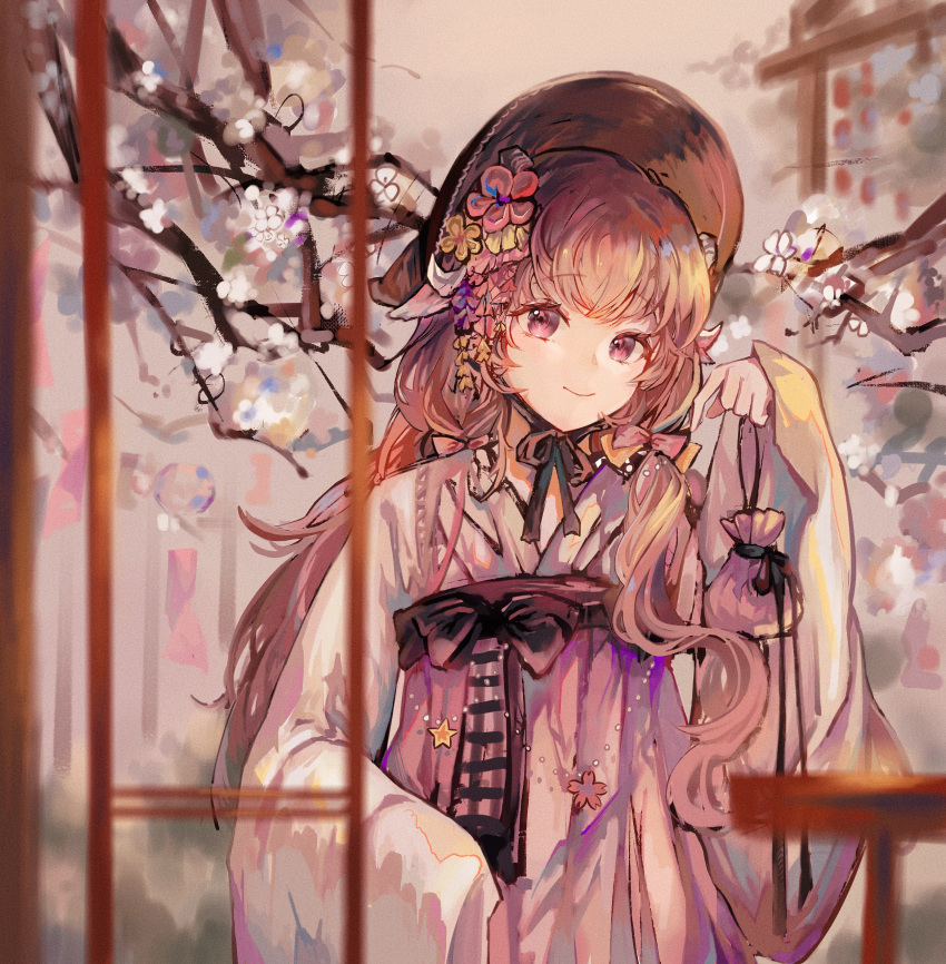 1girl, absurdres, alternate_costume, animal_ears, arknights, black_headwear, black_ribbon, blurry, bonnet, bow, branch, brown_hair, chinese_commentary, closed_mouth, commentary_request, depth_of_field, eyjafjalla_(arknights), flower, goat_ears, goat_girl, goat_horns, hair_bow, hair_flower, hair_ornament, hakama, head_tilt, highres, holding, horns, japanese_clothes, kimono, long_hair, long_sleeves, looking_at_viewer, minini97372, neck_ribbon, pink_bow, pink_eyes, pink_flower, pink_hakama, ribbon, safe, smile, solo, upper_body, very_long_hair, white_flower, white_kimono, wide_sleeves, yellow_flower