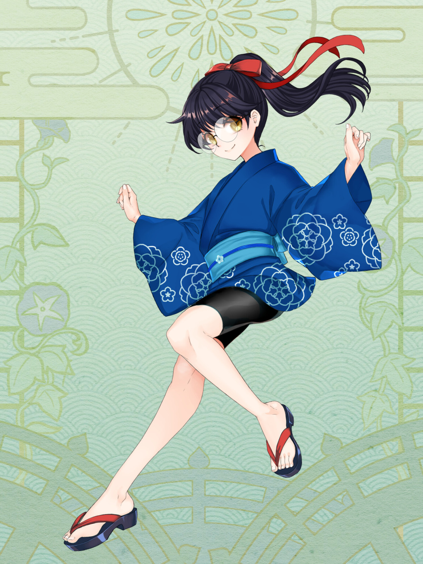 1girl, bike_shorts, black_hair, black_shorts, blue_kimono, dairoku_ryouhei, full_body, glasses