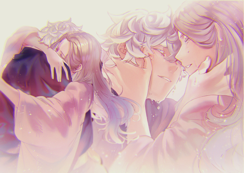 1boy, 1girl, absurdres, black_robe, crying, curly_hair, facing_another, forehead-to-forehead