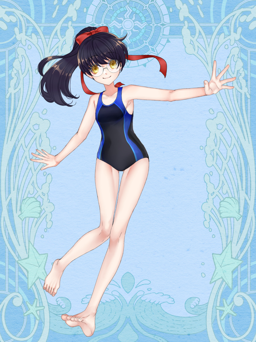 1girl, barefoot, black_hair, blue_background, bow, breasts, dairoku_ryouhei, full_body, glasses, hair_bow, highres, long_hair, long_ribbon, one-piece_swimsuit, ponytail, red_bow, safe, simple_background, small_breasts, solo, swimsuit, yellow_eyes, yodukir