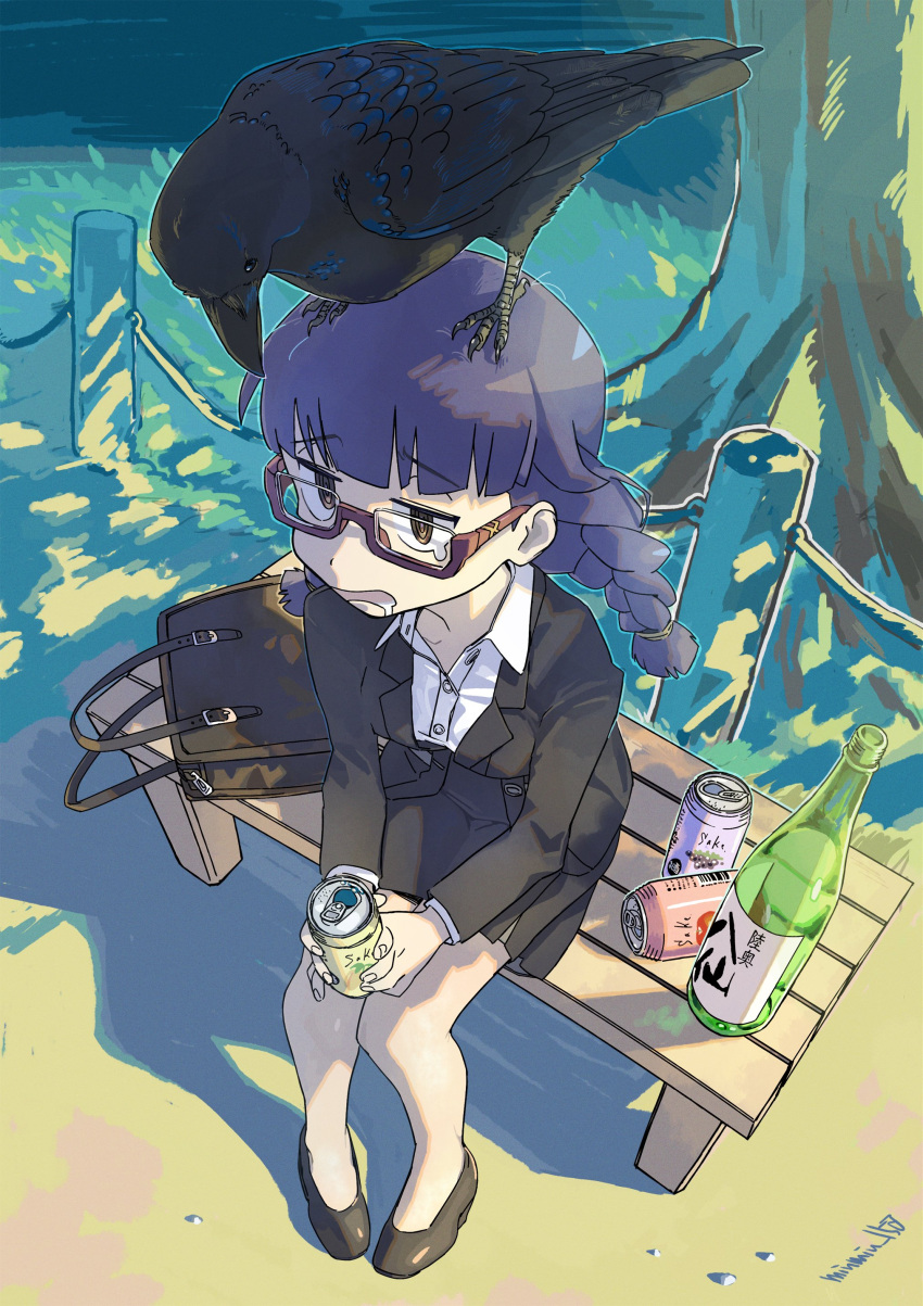 1girl, absurdres, alice_gear_aegis, animal_on_head, bag, bag_removed, bangs, bench