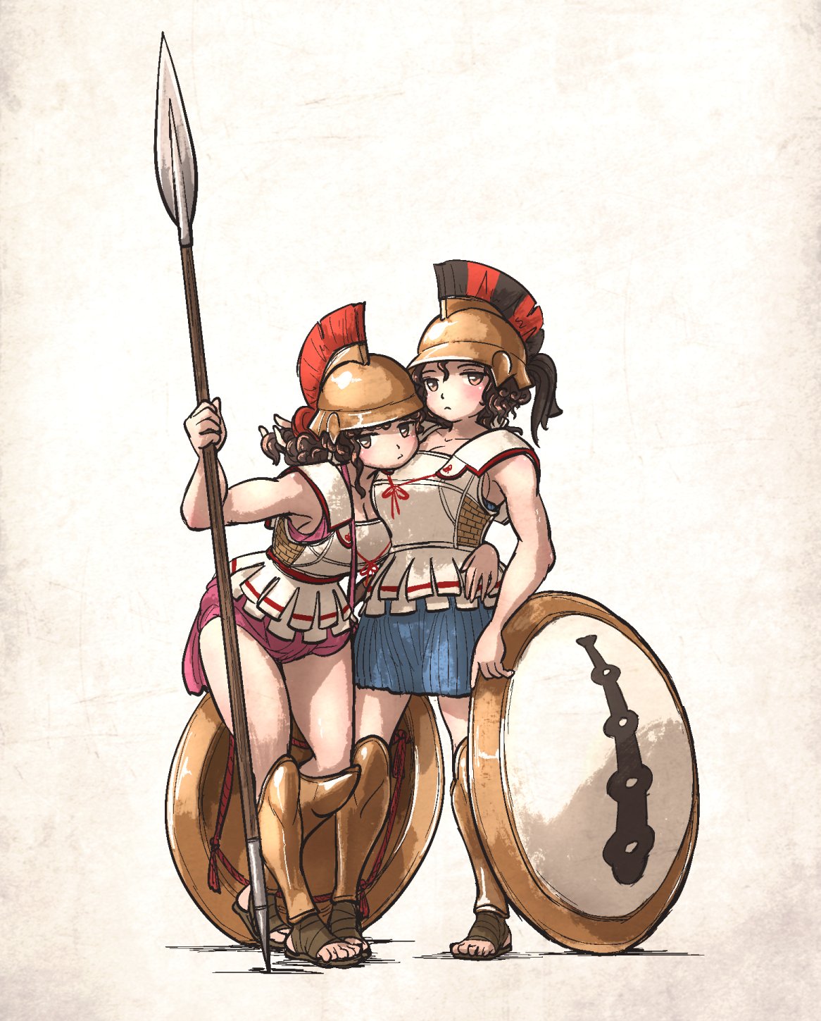 2girls, armor, collarbone, helmet, highres, holding, holding_weapon, hoplite, long_hair, multiple_girls, original, polearm, safe, sandals, shield, skirt, soldier, spear, vanishlily, weapon, yuri