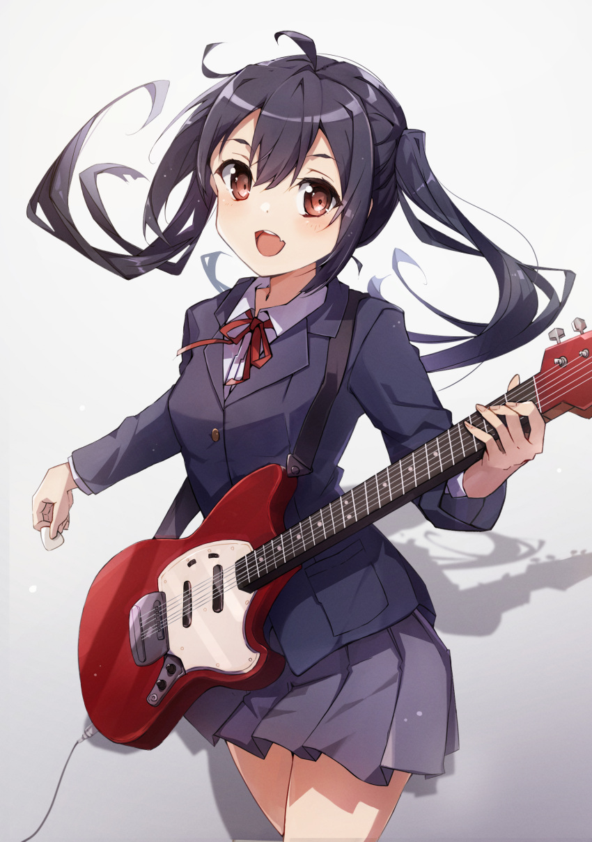1girl, :d, absurdres, ahoge, azunyan, bangs, black_hair, blazer