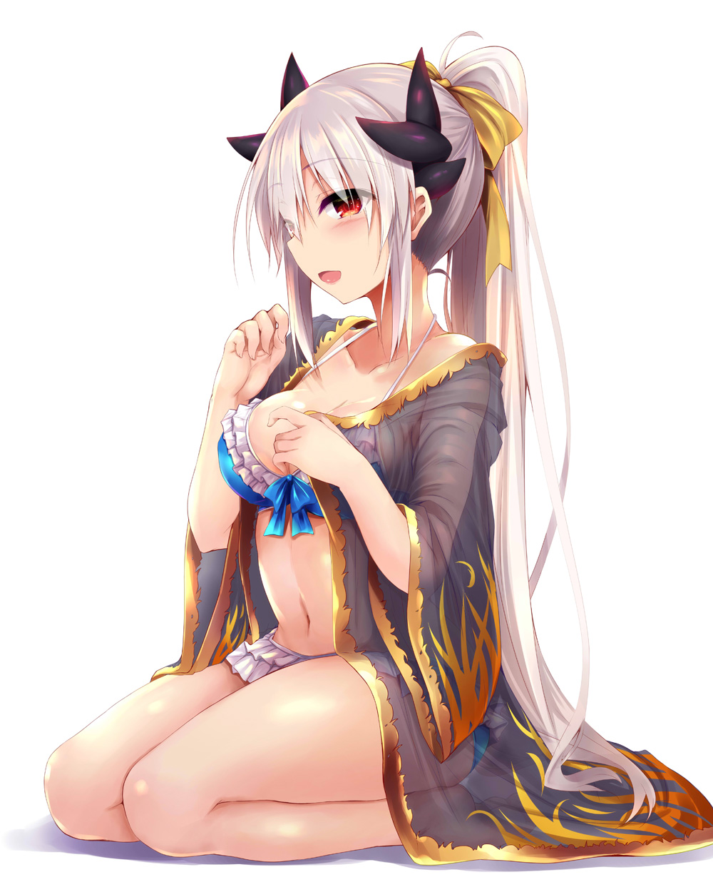 1girl, beach, bikini, blue_bikini, bow, bow_bikini, breasts, dragon_horns