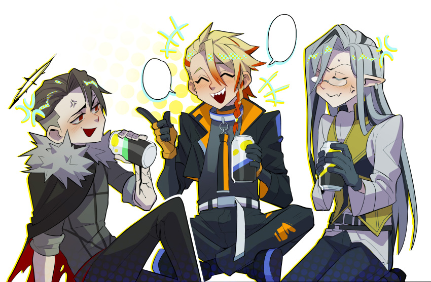 3boys, anger_vein, axel_syrios, belt, black_gloves, black_hair, black_jacket, black_pants